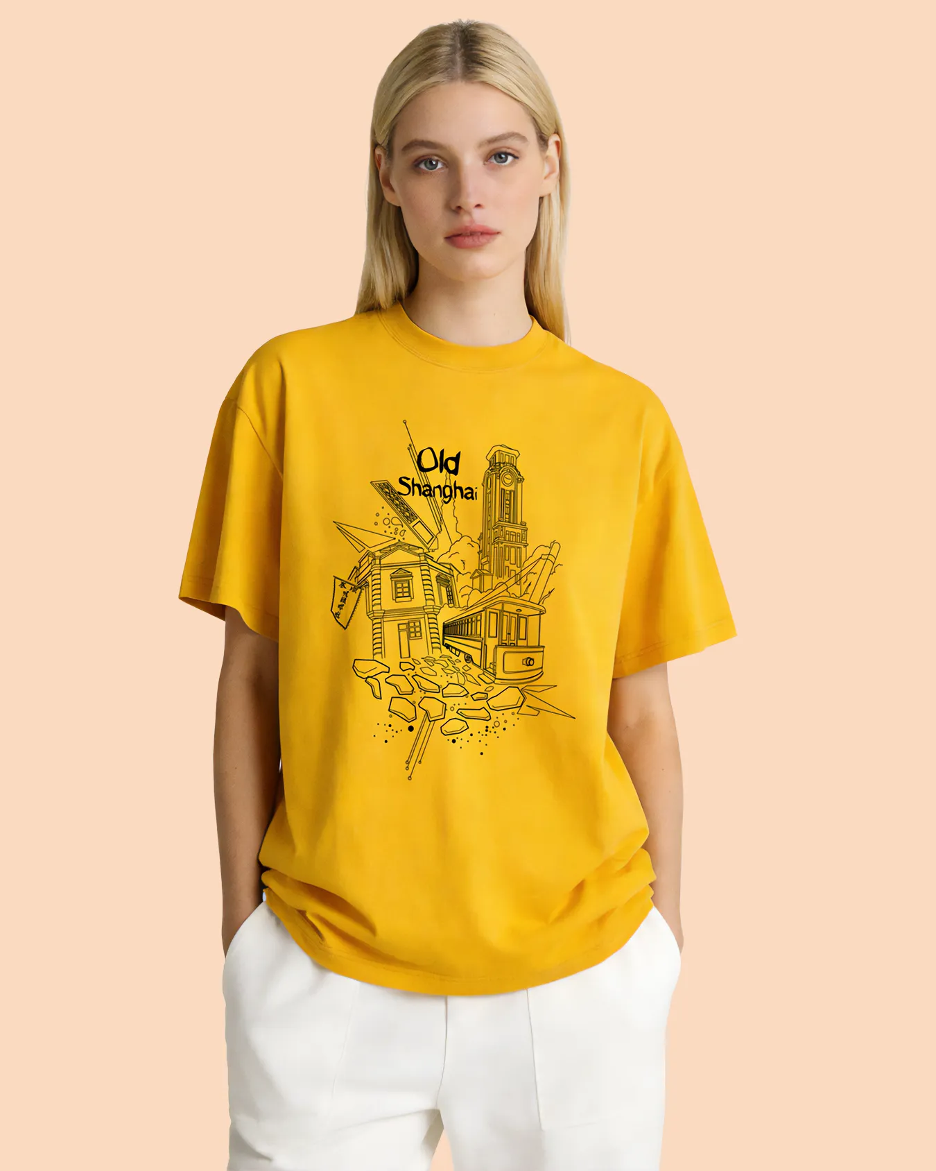 Woman wearing the Old Shanghai in Line T-shirt featuring historic Shanghai illustration